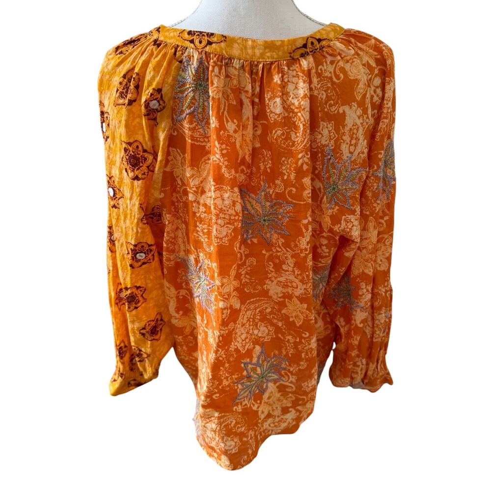 Zara Indian Block Print Cotton Split Neck Embroidered Top Burnt Orange L - Picture 6 of 6